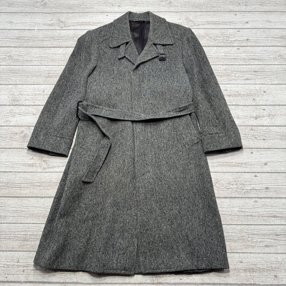 Vintage Pierre Balmain Overcoat Men's L Gray Tweed Belted Longline Wool Outdoor
